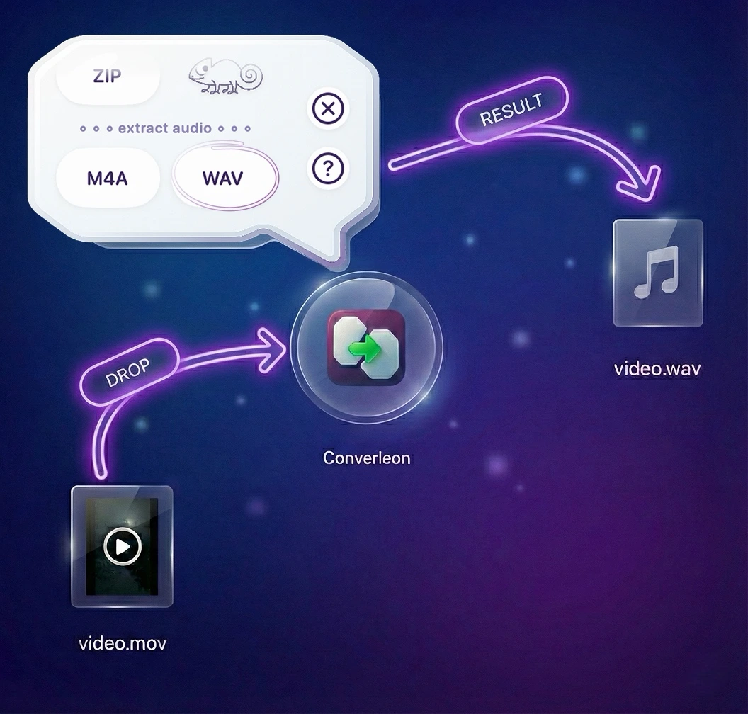 Dragging a large video file into Converleon to extract its audio track on Mac