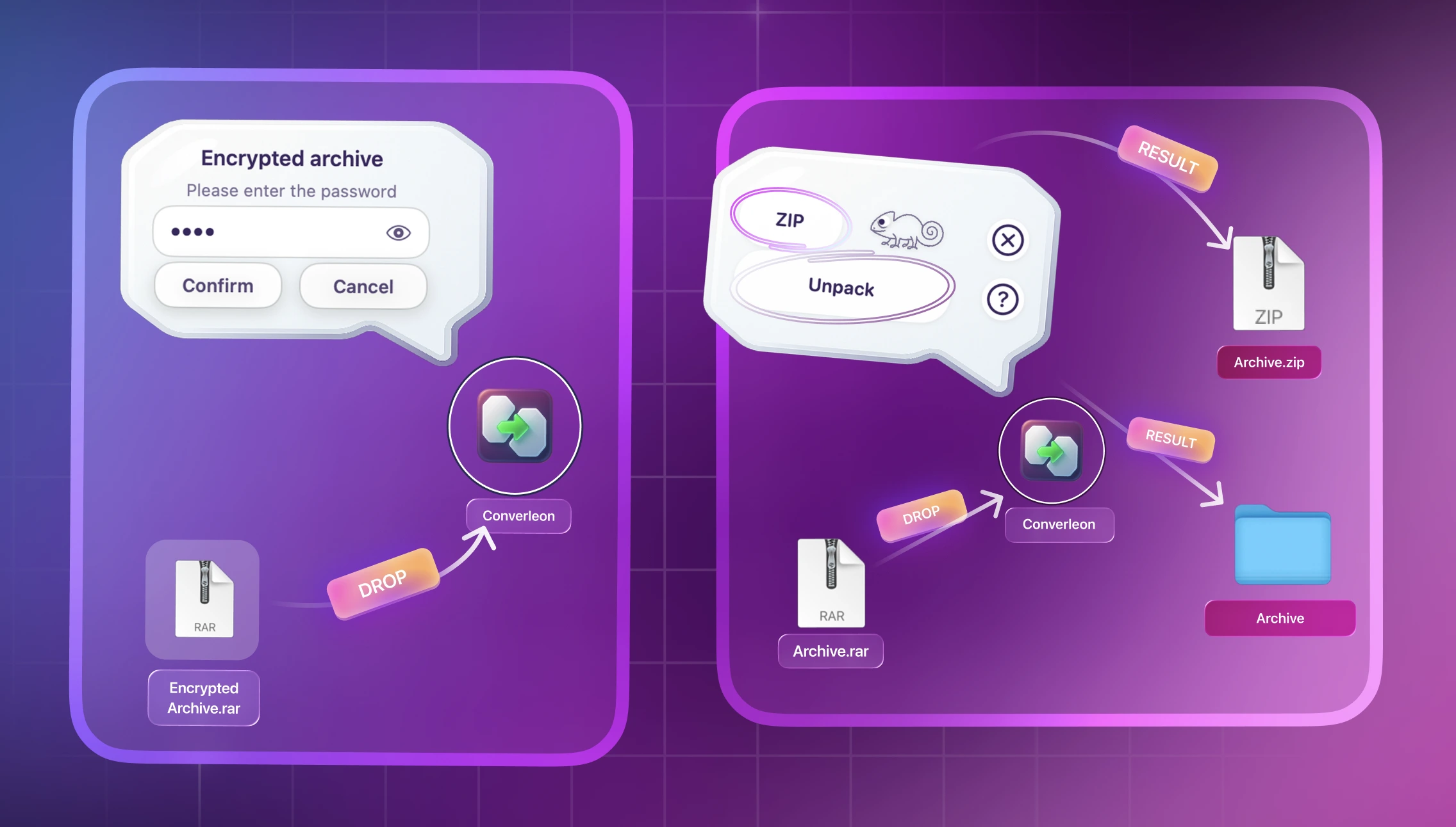 Unpacking a RAR file locally on Mac with Converleon, including password-protected archives